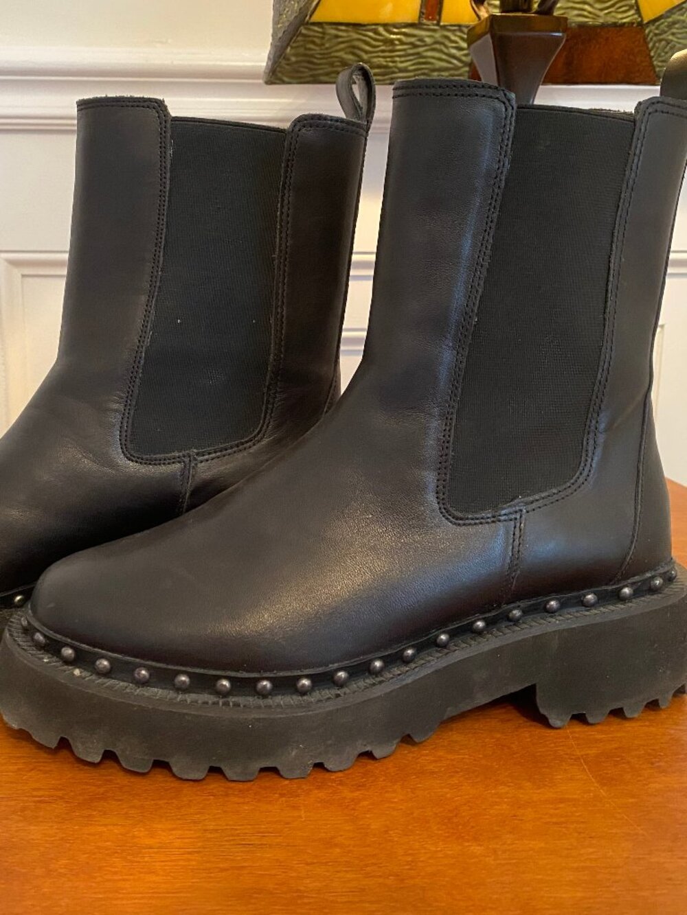 Vince Camuto black leather chelsea boot tall studs embellished Size 8 or 38.5